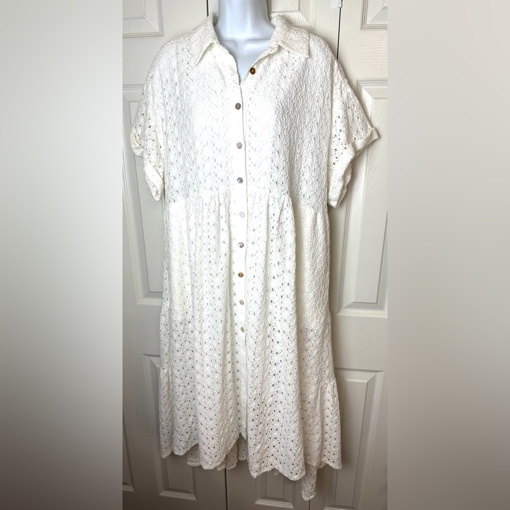 New OLI + HALI Camilla Midi Dress White Eyelet Boho Oversized Cotton Tiered Knit - Picture 2 of 12